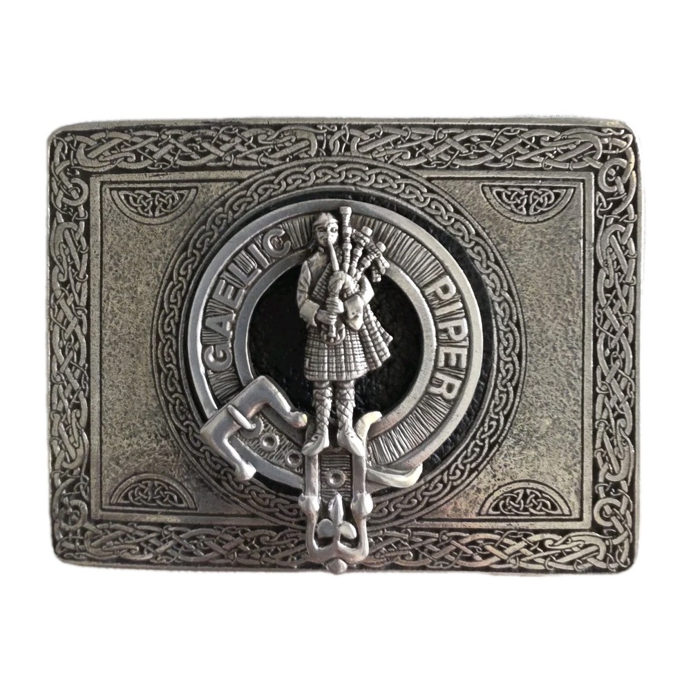 Rectangle Pewter Clan Belt Buckle w/ Pewter Gaelic Piper Crest Pin‎ (Removeable)